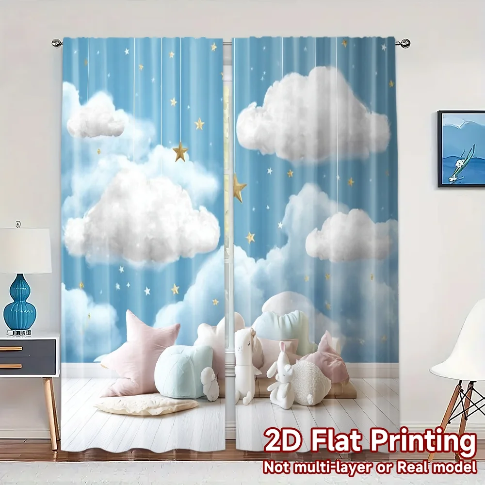 2pcs, 2D FLAT PRINTING Curtains (Without Rod) Cloudy Dreamscape Chic Light Filtering Curtains Polyester Easy Install Curtains