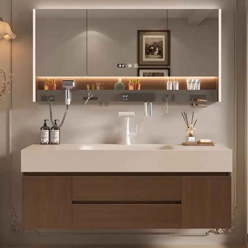 

Modern Walnut Bathroom Cabinet Wooden Horizontal Mirror Drawers Bathroom Cabinet Storage Wall Washing Mobile Bagno Furniture