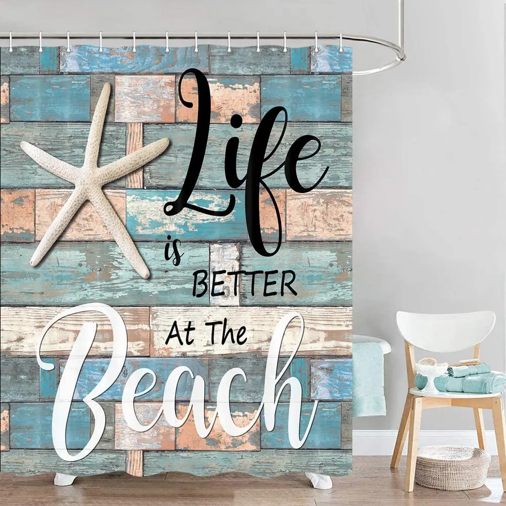 Beach Shower Curtain Rustic Vintage Wood Ocean Quote Words Fabric Nautical Coastal Theme Bathroom Bath Curtains with Hooks