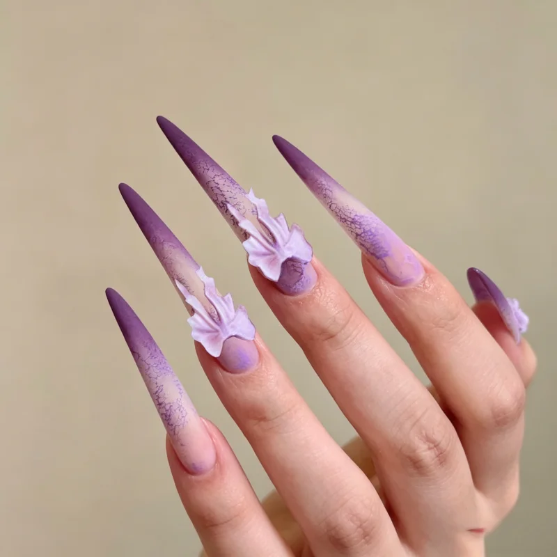 

24Pcs False Nails Wisteria Bow Long Pointed Shape Soft Purple Gradient Press-On High-Quality Nails—Perfect As A Gift for Girls