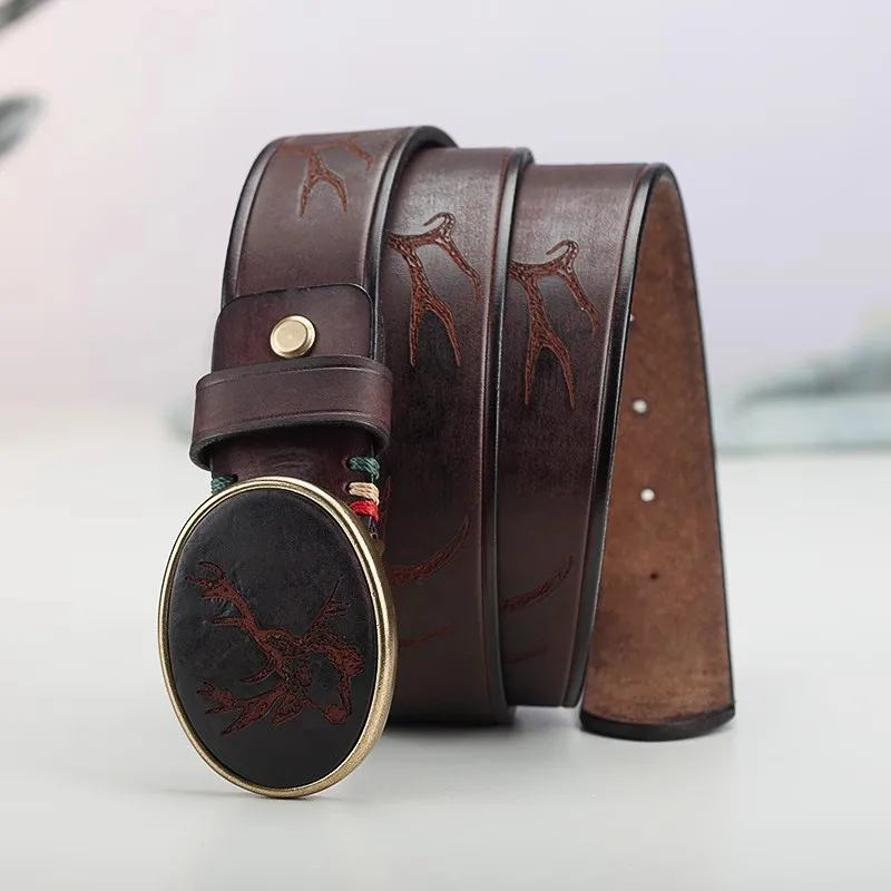 

Men's Handcrafted Genuine Leather Top-grain Cowhide Engraved Retro Style Copper Buckle Belt
