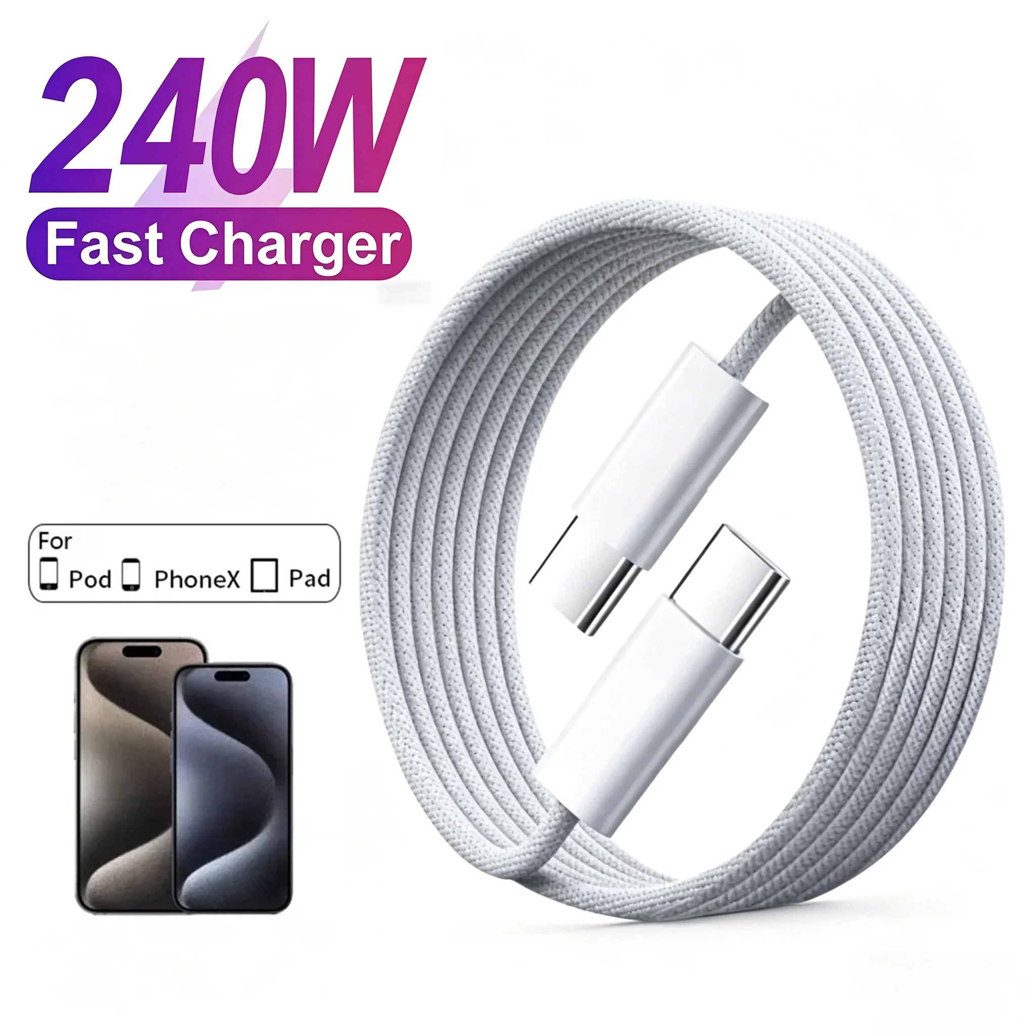 

240W Fast Charge 6A USB-C Phones Chargers Cord C To C Type C Cable For iPhone Xiaomi Huawei Samsung Cellphone Accessories 1M/2M