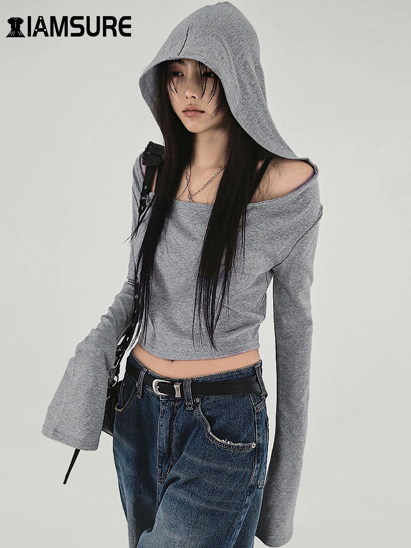 IAMSURE Waste Soil Style Hooded Cropped T Shirt Sexy Slim Solid Slash Neck Long Sleeveless Tees Women 2024 Autumn Spring Fashion