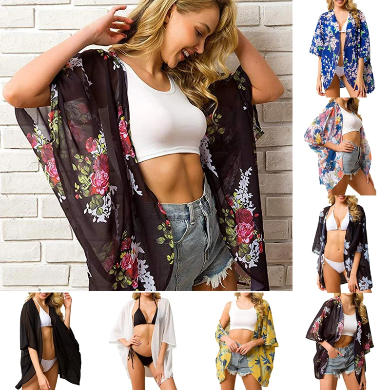 

Women Chiffon Bikini Cover Up Swimwear Kaftan Women's Print Shawl Smock Beach Cape Sun Protection Shirt Floral Cardigan Summer