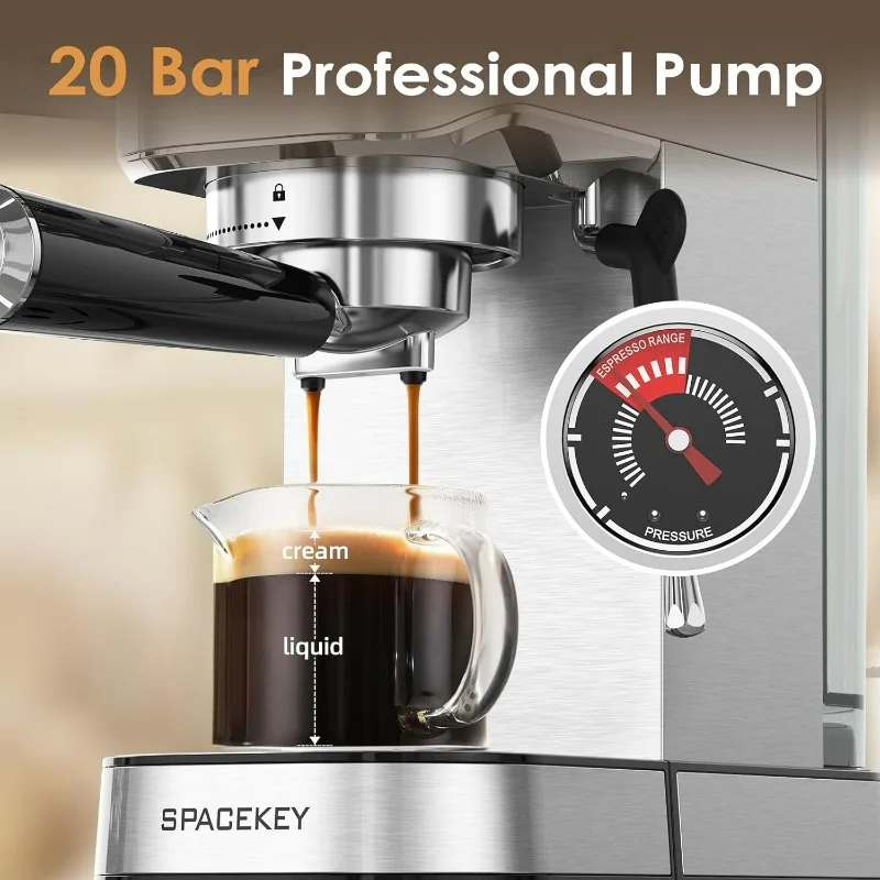 Espressomachine 20 bar, professionele 1350 W espressomachine met melkopschuimer, compacte, verwijderbare watertank van 39 oz, zilver