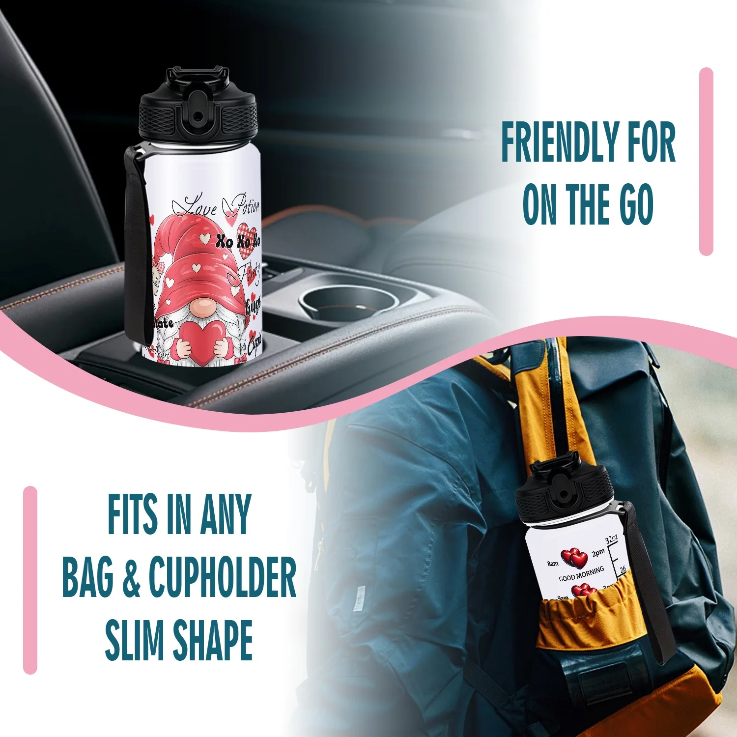 1개, 하트 봉투 발렌타인 디자인의 사랑의 노움, 32온스 그라데이션 물병-누수 방지, HD 비탈락 패턴, 완벽한 선택