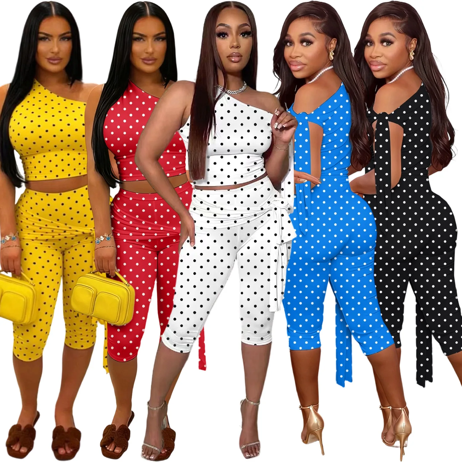 

One Shoulder Tops 2 Piece Pant Set Outfits Y2K Streetwear 2026 Summer Women Elegant Club Crop Polka Dot Tops Two Piece Sets