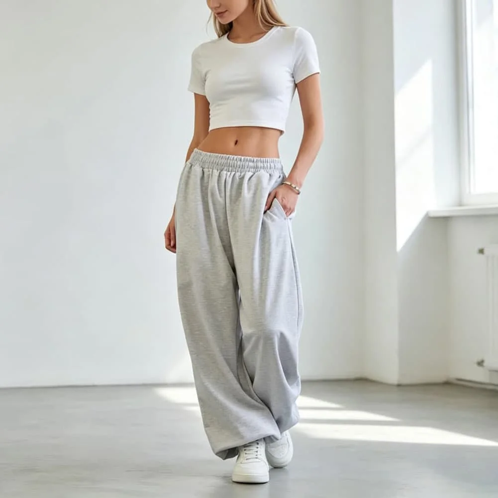 Womens Elastic Waist Sweatpants Loose for Fit Wide Leg Solid Pattern Polyester Fabric for Vacation Cycling and Beach Wear
