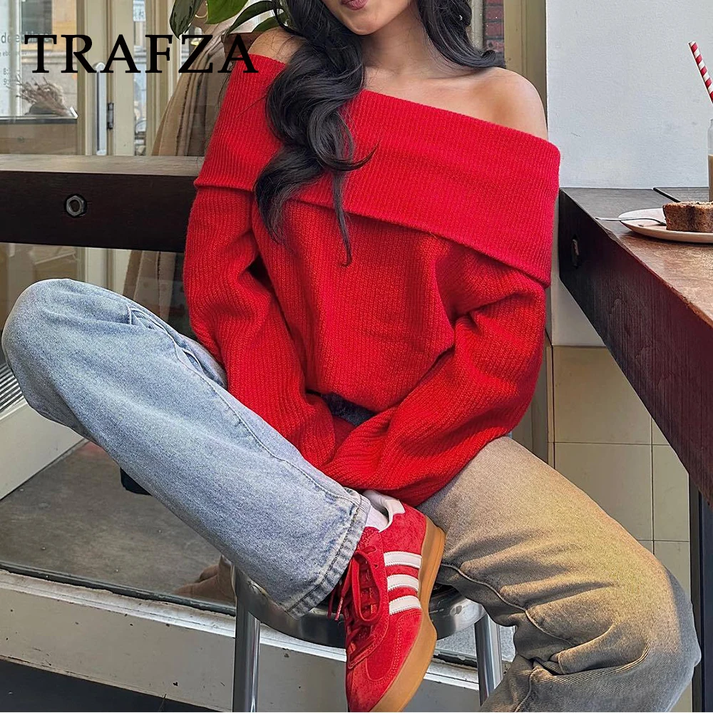 TRAFZA 2024 Autumn Winter Women Casual Sweaters Slash Neck Loose Fit Streetwear Solid Straight Shoulder Sweaters For Women