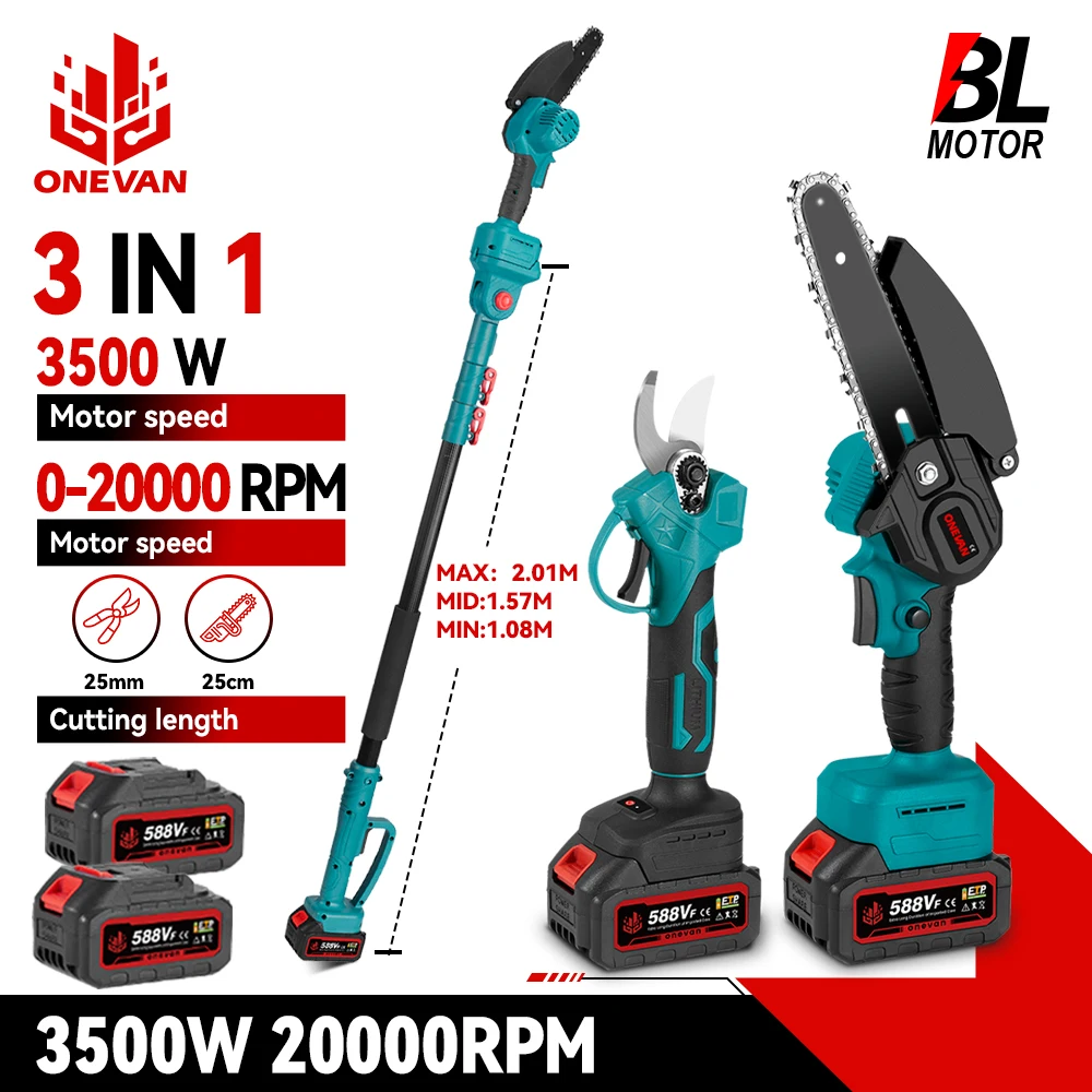 ONEVAN 3500W Brushless Telescopico Palo Motosega Elettrica 3 IN 1 Forbici a Ramo Alto Strumento di Potatura da Giardino per Makita 18V Batteria