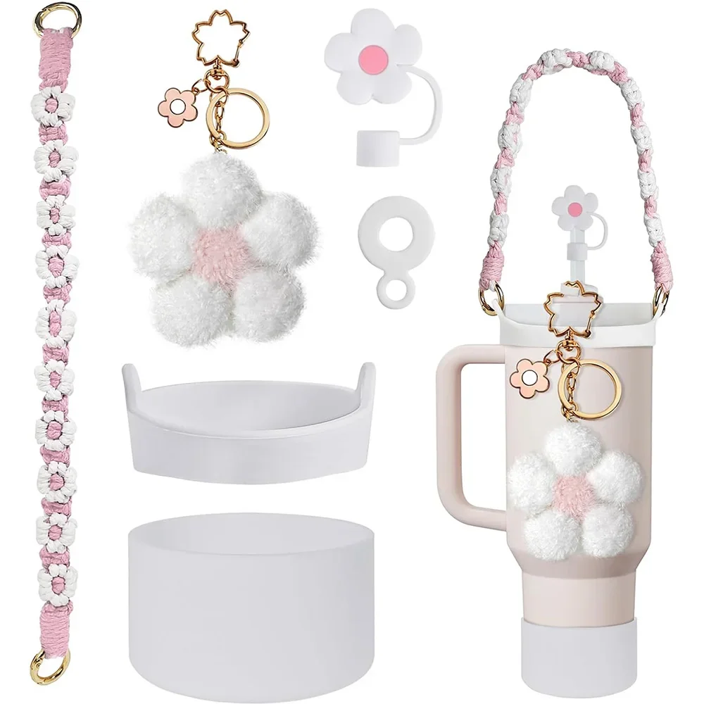 

6pcs Accessories Set Including 1pc Silicone Boot 1pc Siliocne Straw Cover 1pc Water Bottle Handle Strap Charm for Cup Bow Trim