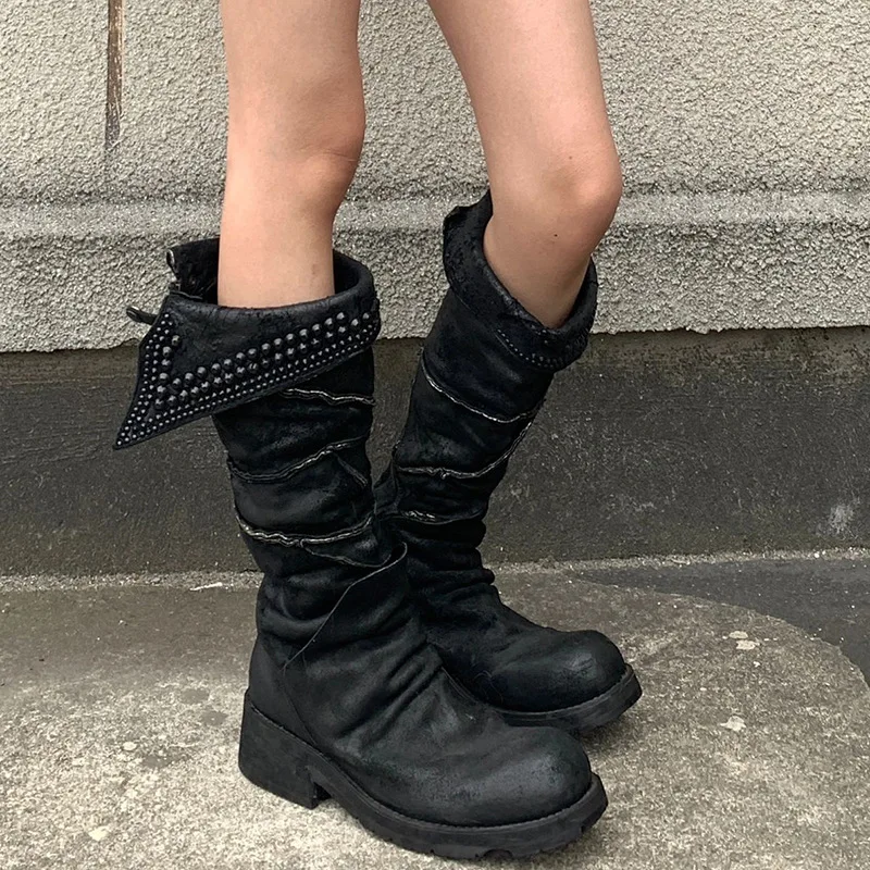 vintage-punk-slouchy-mid‑calf-boots-women-distressed-leather-rivet-decor-block-heel-festival-footwear