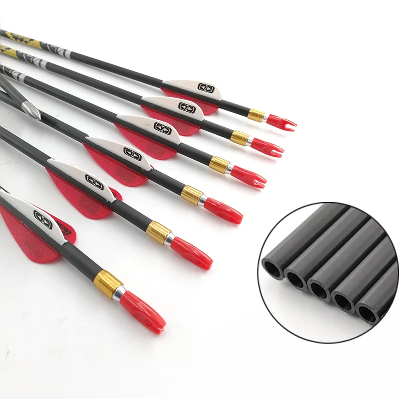 6/12 flechas de fibra de carbono para tiro con arco, spine 350-900, flechas de práctica con plumas de goma para arco recurvo y compuesto, caza