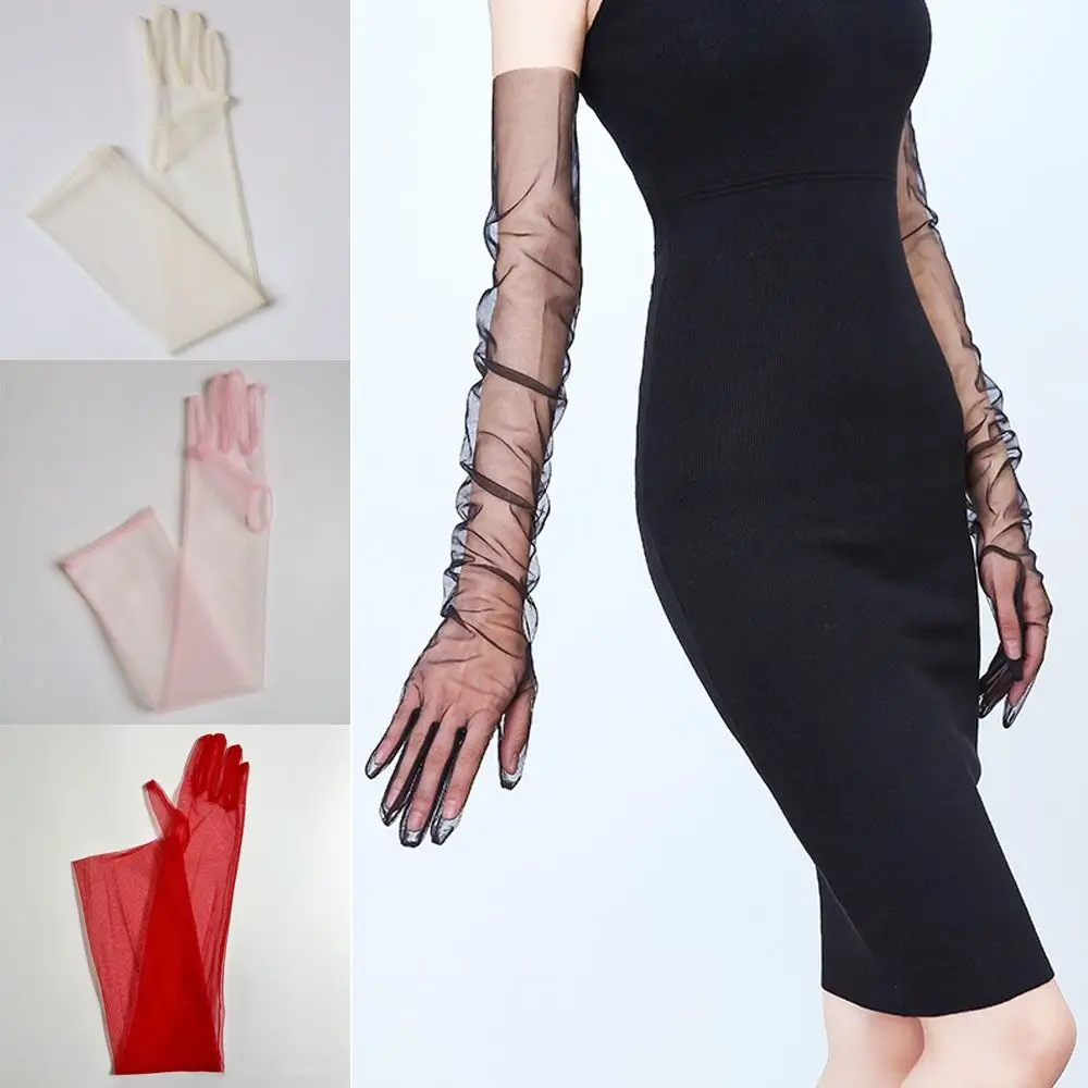 Evening Party Thin Mesh Long Transparent Gloves Full Finger 70cm Seamless Mittens Sun Protection Driving Gloves Summer
