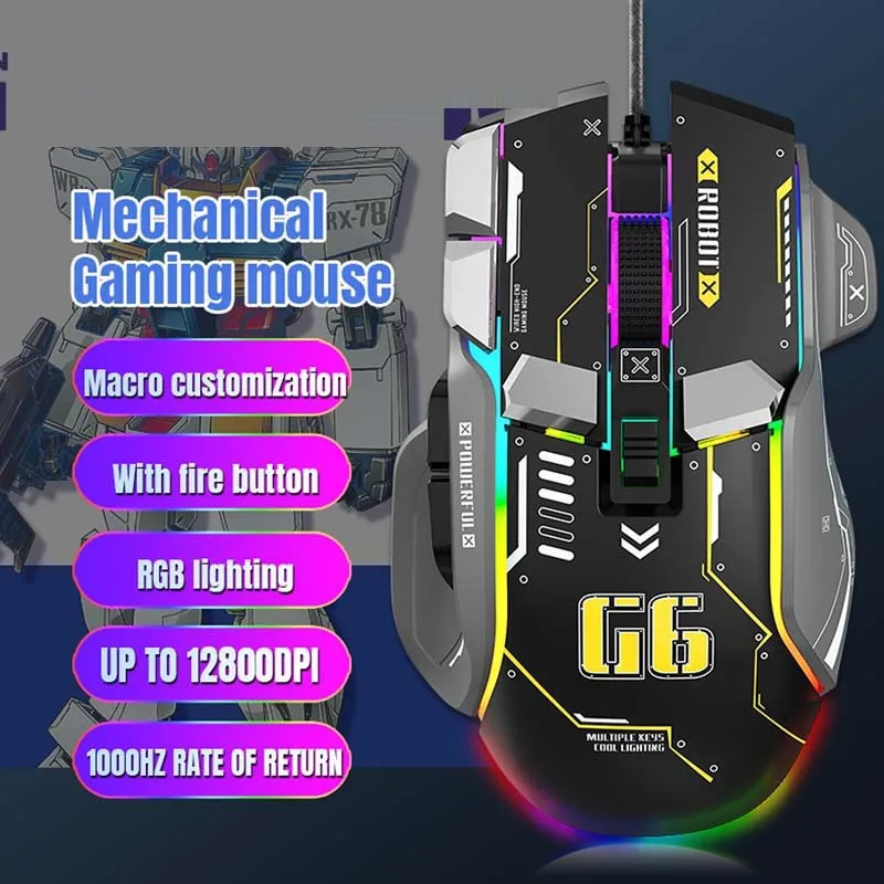 Mecha Mechanical Gaming Mouse with Colorful Lighting Finger Pad Adjustable Return Rate 128000DPI Macro Programming Mouse