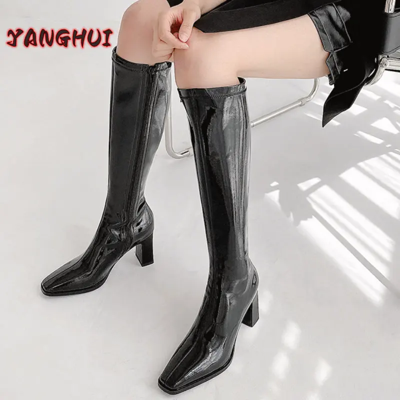 Winter New Style Pu Solid Color Square Head Zipper Women\'s Boots Fashionable Temperament Versatile High Heels Simple 35-40 Botas