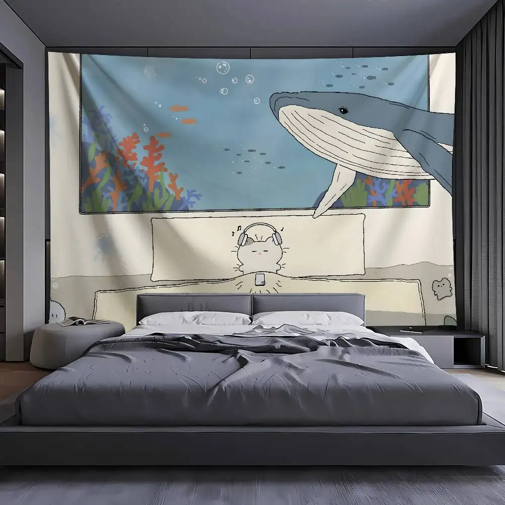 Cute Cat With Headphone Tapestry, Cartoon Whale Underwater Ocean Scene Soft Pastel Aesthetic Wall Art Bedroom Decor