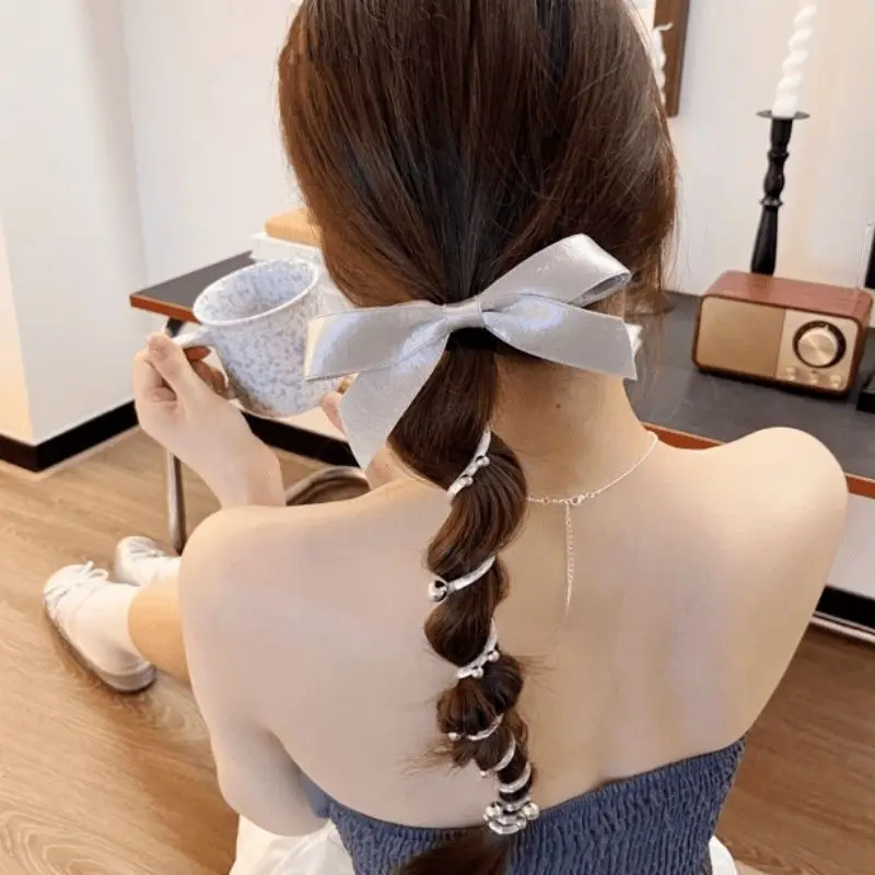 Elegant Bowknot Telephone Wire Line Elastic Rubber Braided Fashion Hair Rope Hairband Women Girls Pongtaill Wedding Accessories