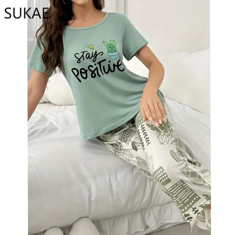 Green Summer Women Capris Pajamas Set Calf-length Pijama Milk Silk Sleepwear Homewear Short Sleeves Nightwear Leisure Loungewear