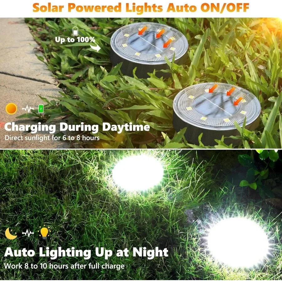 Solar-Bodenleuchten, 4er-Pack mit 8 LEDs, wasserdichte IP68-Scheibenleuchten für den Außenbereich, für Garten- und Landschaftsbeleuchtung, ideal für Terrassenwege