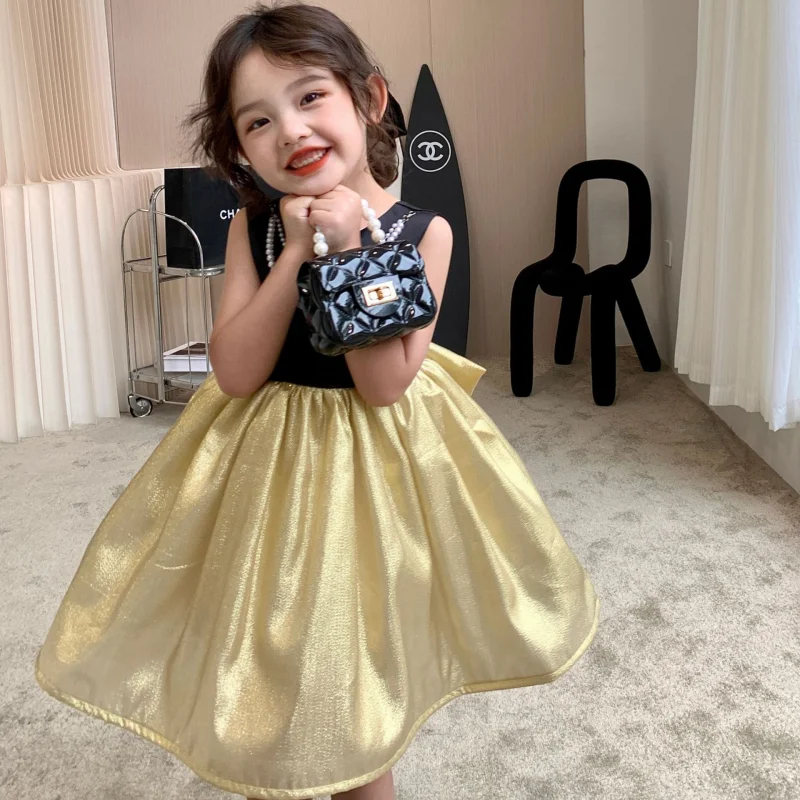 2023 Girls Summer Black Gold Evening Dress Princess Children's Clothes  Bowtie Performance Gown Backless Beading Vest Dresses - AliExpress 1501