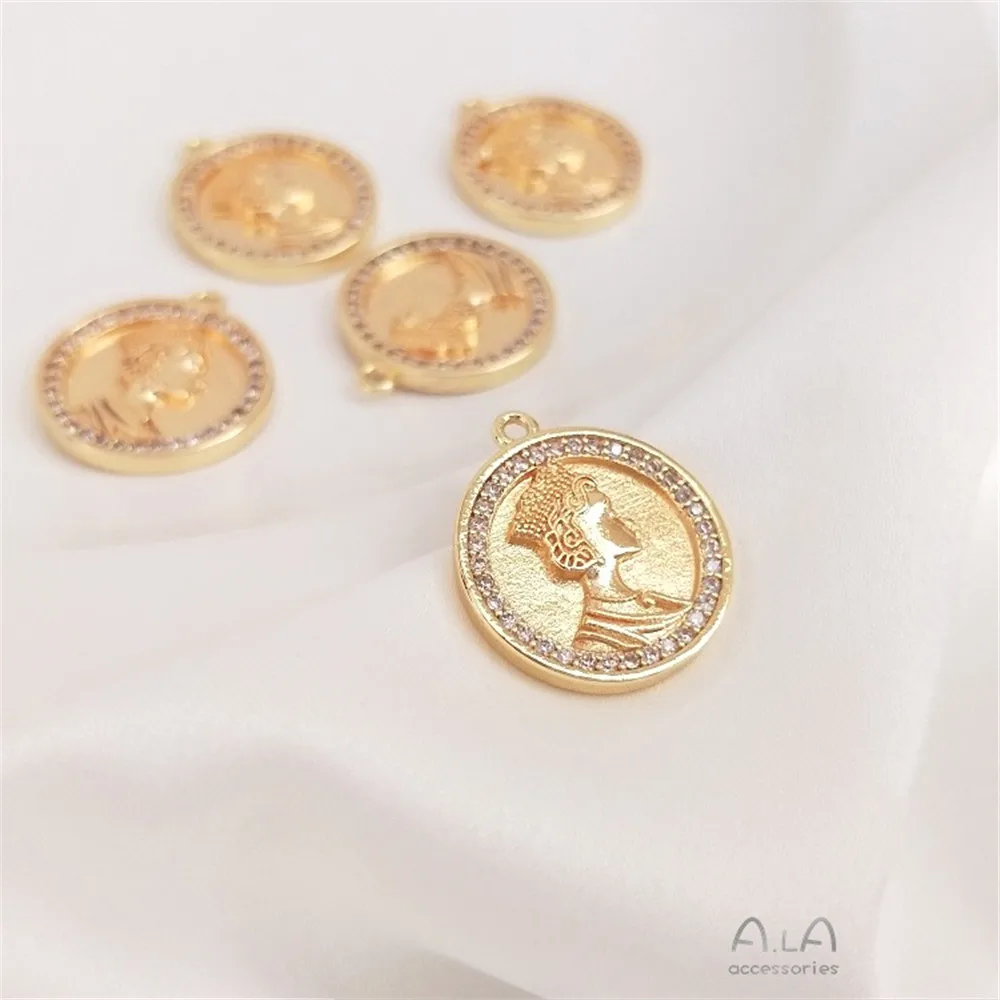 

14K Gold Jewelry Accessories Inlaid with Zircon Stone Like A Round Pendant French Retro Diy Bracelet Necklace Tag