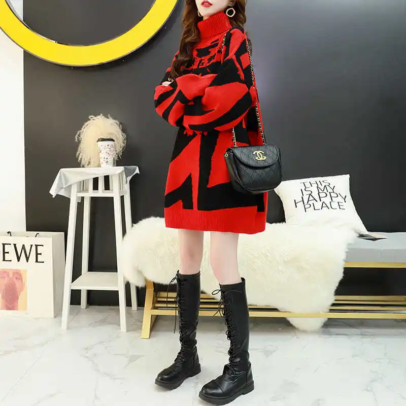 High Collar Red Sweater Women's Mid Length Autumn/Winter 2023 New Loose Korean Version Age Reducing Elegant Women's Coat