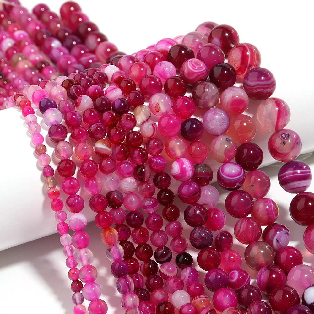 4/6/8/10/12mm Hot Pink Gestreifte Achatperlen Naturstein Runde Perlen für Schmuckherstellung Lose Perlen DIY Armband Halskette