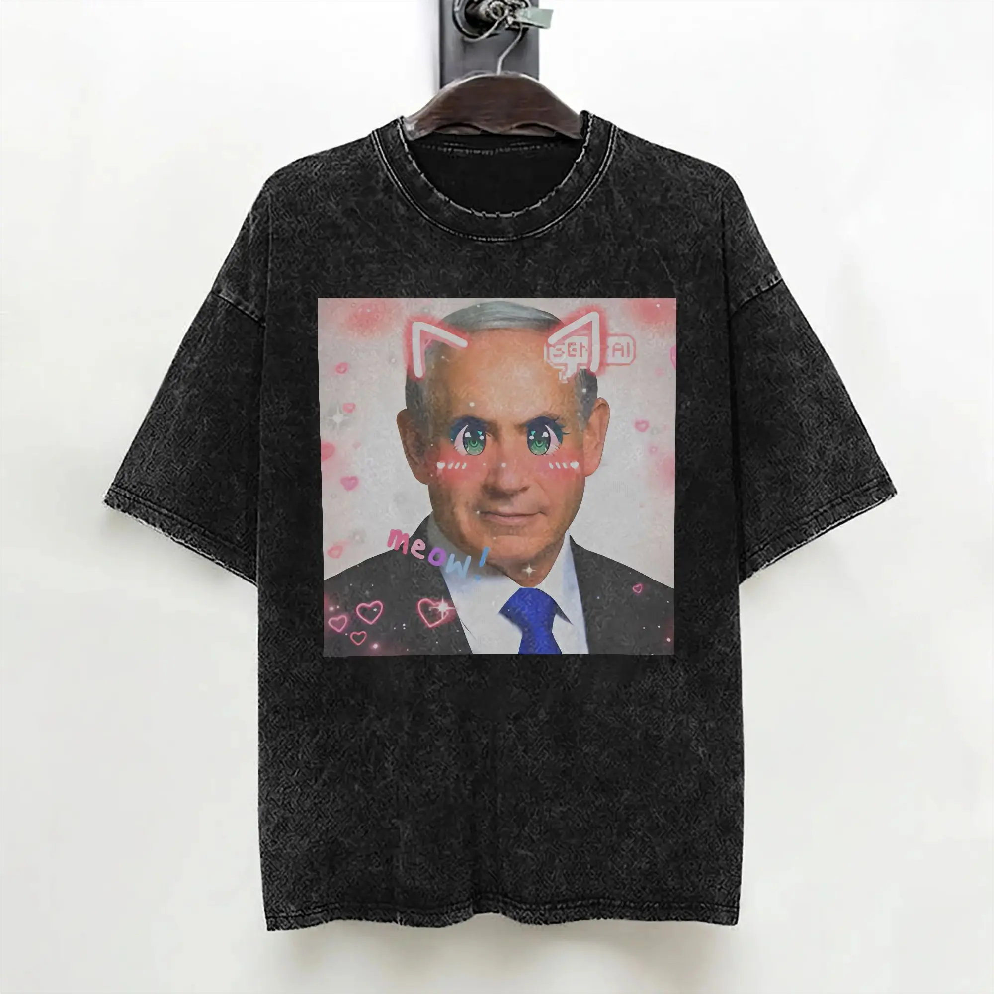 Benjamin Netanyahu Cute Kawaii T Shirt Washed Short Sleeve Harajuku T-Shirt  Vintage for Men Women Streetwear Summer Tees