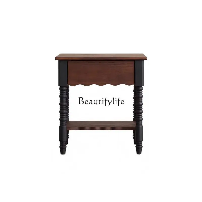 

French retro solid wood bedside table small apartment high-end light luxury storage locker