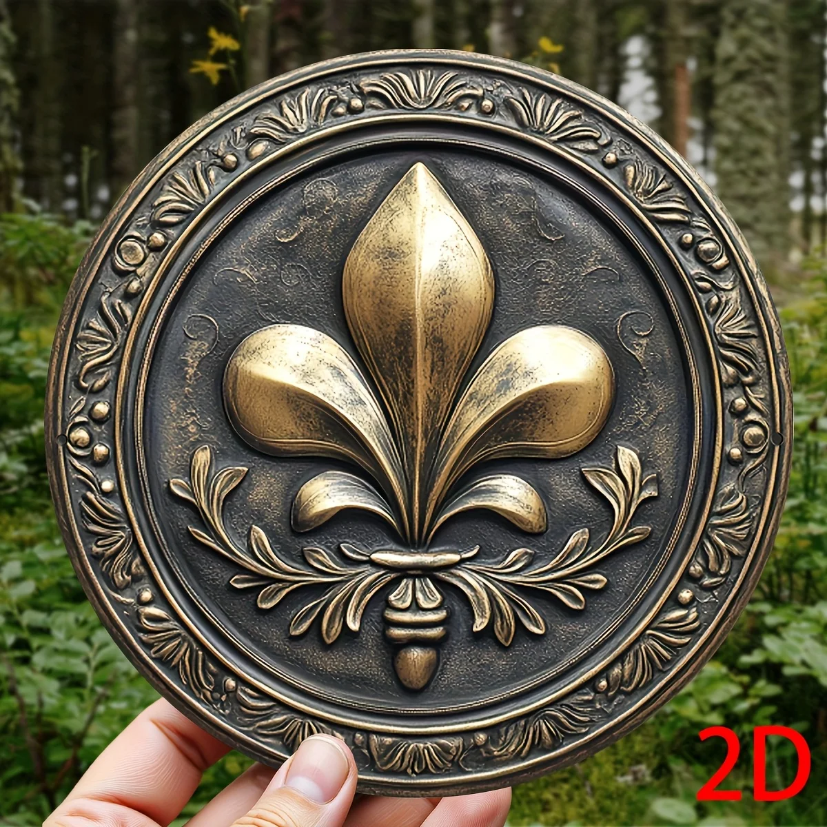 2D plano - 2D, 1 pieza, arte de pared de madera con flor de lirio vintage, precioso letrero redondo con patrón dorado, adecuado para bar, cafetería, playa V