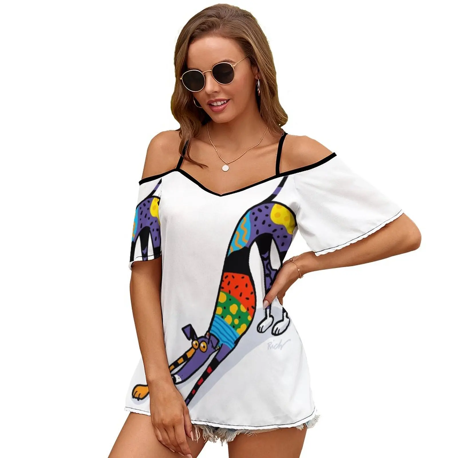 Kaleidoscope Bowdown Print O-Neck Off-The-Shoulder Top Short-Sleeved T-Shirt Ladies Streetwear Greyhound Sighthound Whippet