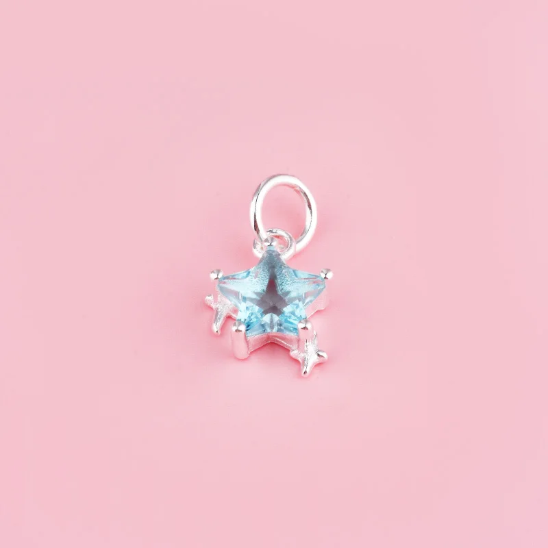 S925 sterling silver set with pink, blue and white zircon five-pointed star pendant, DIY beaded bracelet, necklace and earrings