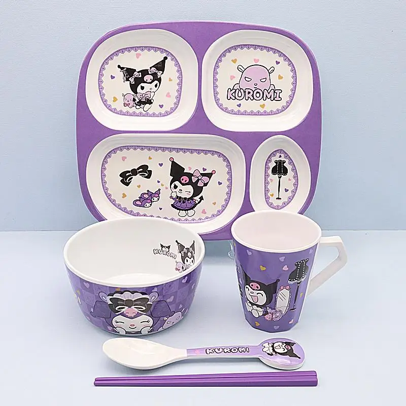 น่ารักการ์ตูน Sanrios Kuromi บนโต๊ะอาหารชามจานถ้วยตะเกียบช้อนชุดแฟชั่นเลียนแบบ Porcelain Tableware ดูดี