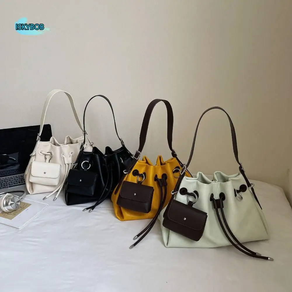 

Fashionable Korean Style Drawstring Bucket Bag Handbag Solid Color Pu Shoulder Bag Cylindrical Handheld Crossbody Bag Women