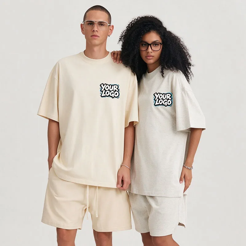 Custom Print Logo Summer 100% Cotton Unisex Two Piece Set, Loose Crew Neck T-shirt And Shorts, Daily Casual Matching Outfit