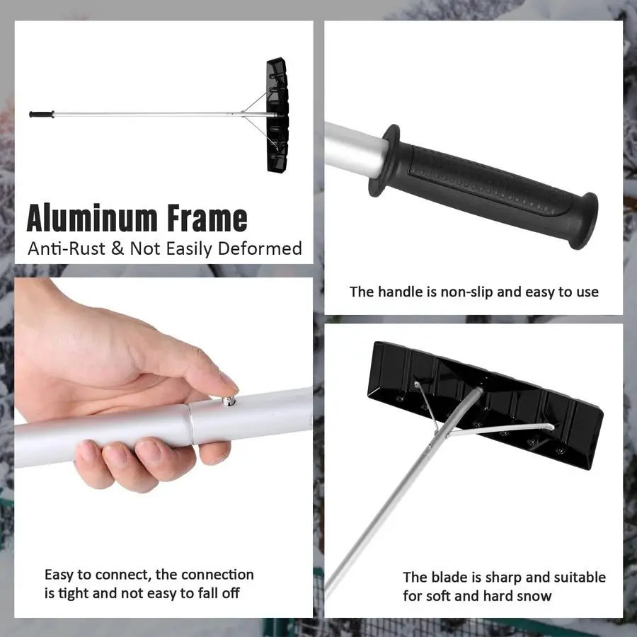 Snow Roof Rake Snow Removal Tool with 5 Section Tubes 25 Inch Blade Adjustable 4.820 ft Reach Aluminum Shovel Rugged Slide for S