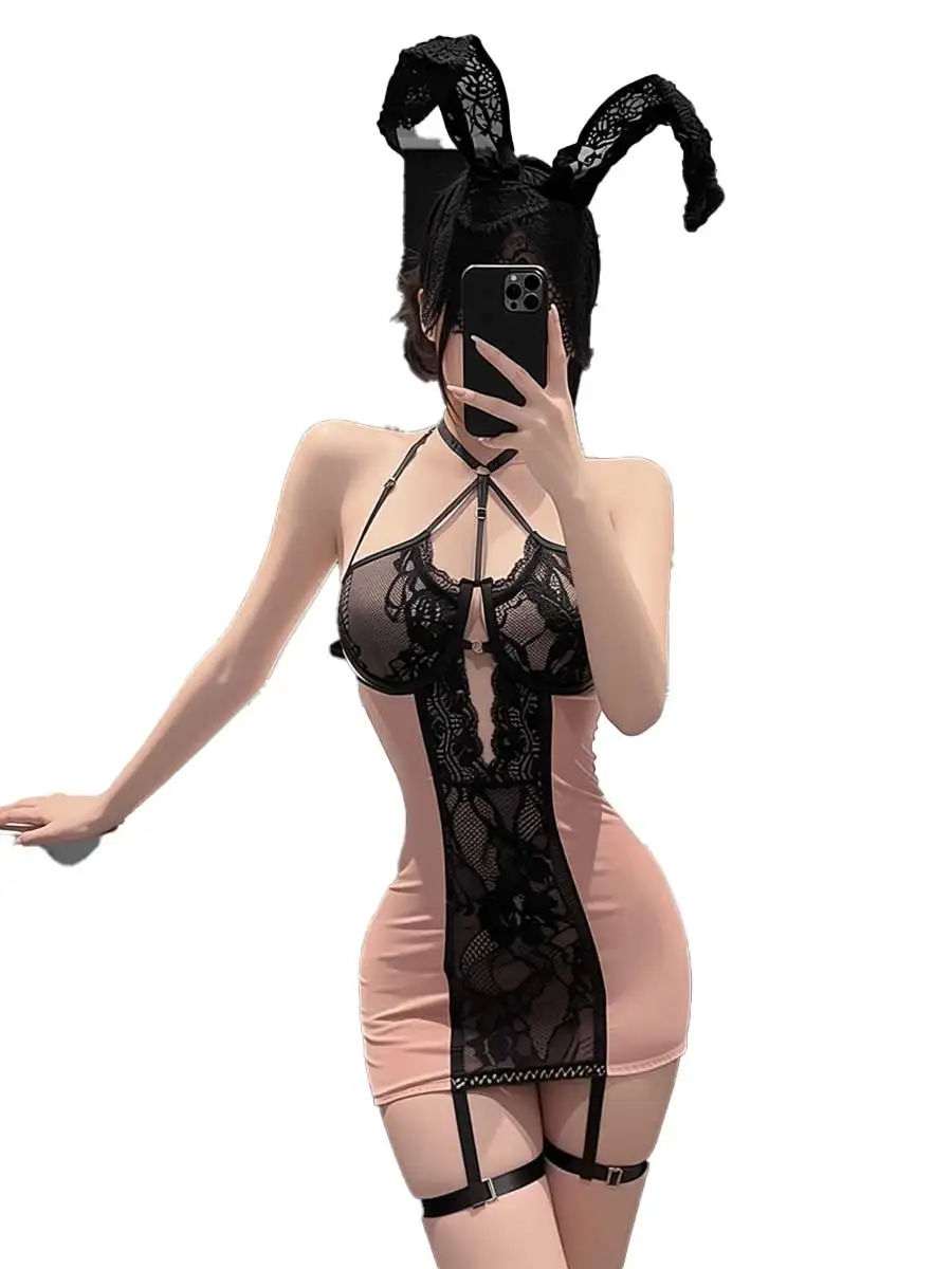 jimiko For Women's Pink Black Lace Bodycon Mini Dress, Halter Cutout Mesh Lingerie Costume Sheer Teddy Sleepwear Lace Nightdress