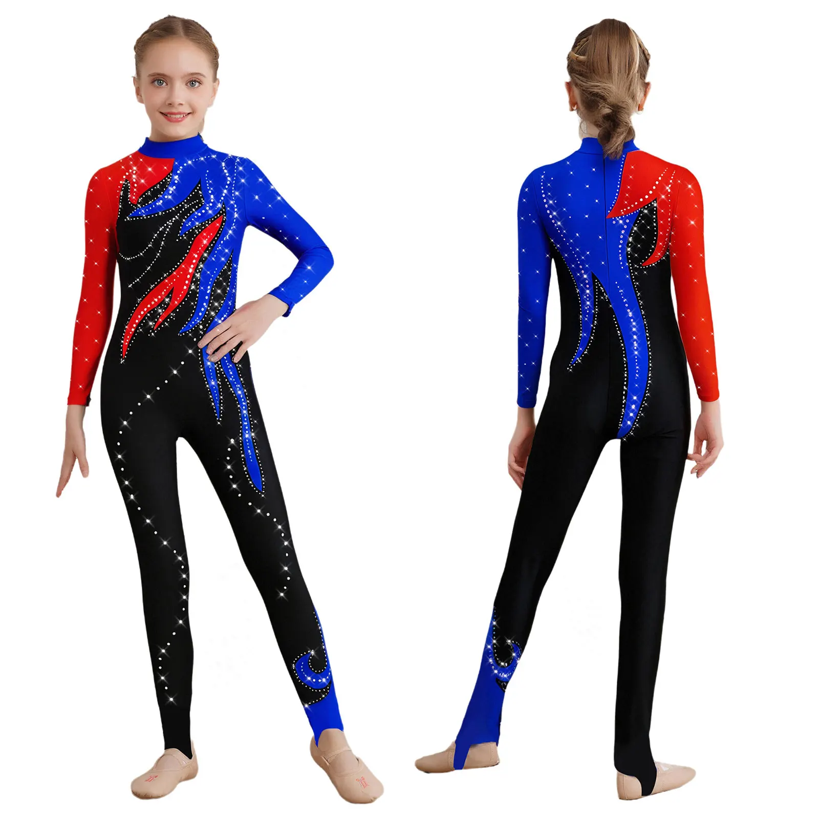 Girls Artistic Figure Skating Jumpsuit Gymnastics One-piece Suit Child Long Sleeve Rhinestone Full Body Unitard Ballet Bodysuit