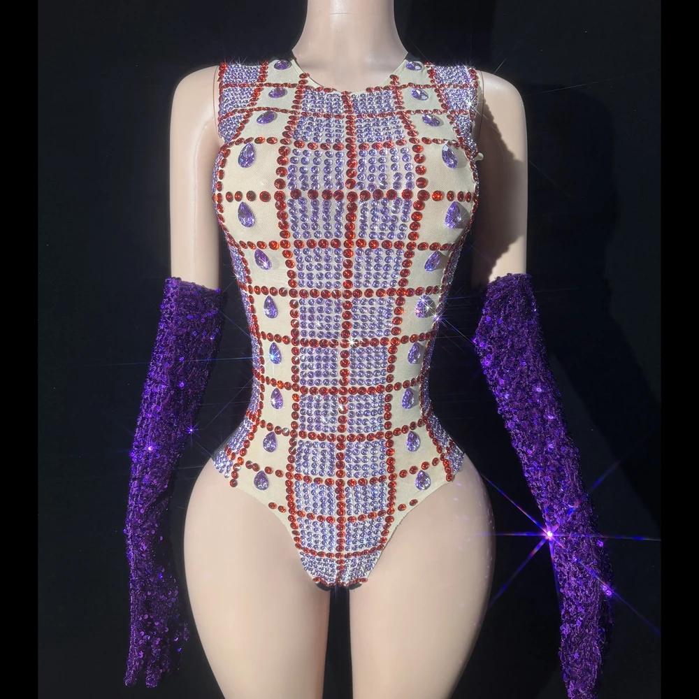 Collant cintilante feminino com luvas de strass roxo, traje de dança sexy, desgaste do palco, bodysuit boate, roupa