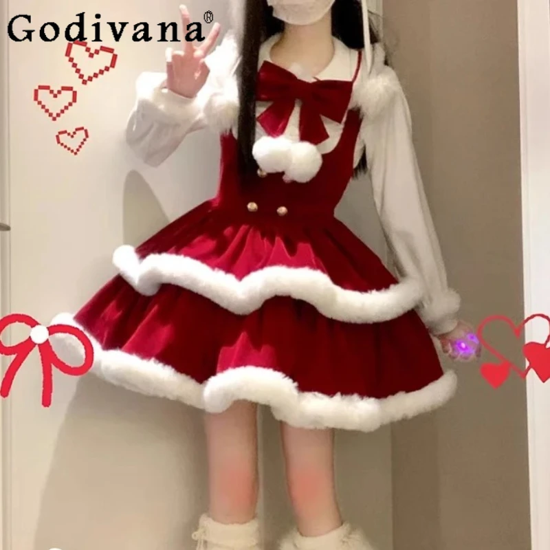 

Autumn Winter Lolita New Year Christmas Red Velvet Cake Strap Dress Fashion White Versatile Bottoming Shirt Princess Sets