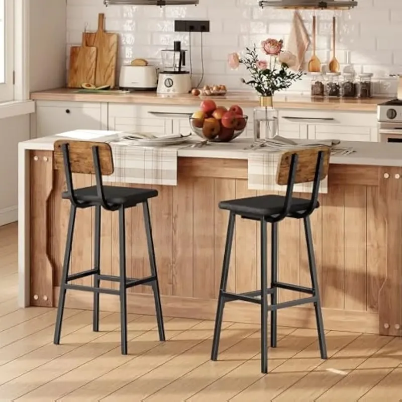 Black Bar Stools, Set of 2 PU Upholstered Tall Bar Stools, Kitchen Breakfast Stools with Footrests, Bar Chairs