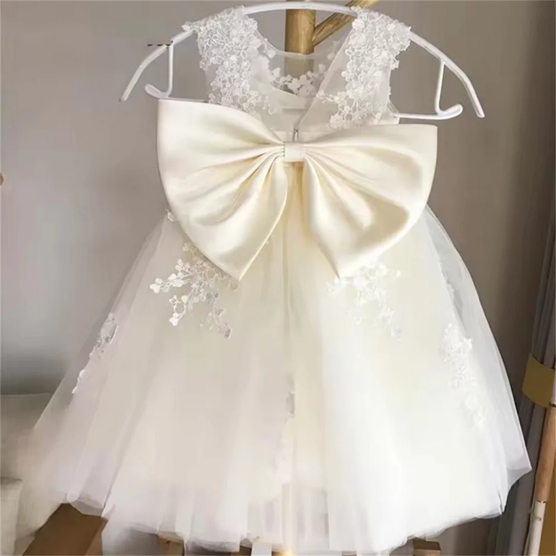 Puffy Flower Girl Dresses Ivory Lace With Satin Bow Sleeveless Kids Birthday Ball Gowns Princess First Communion Dresses