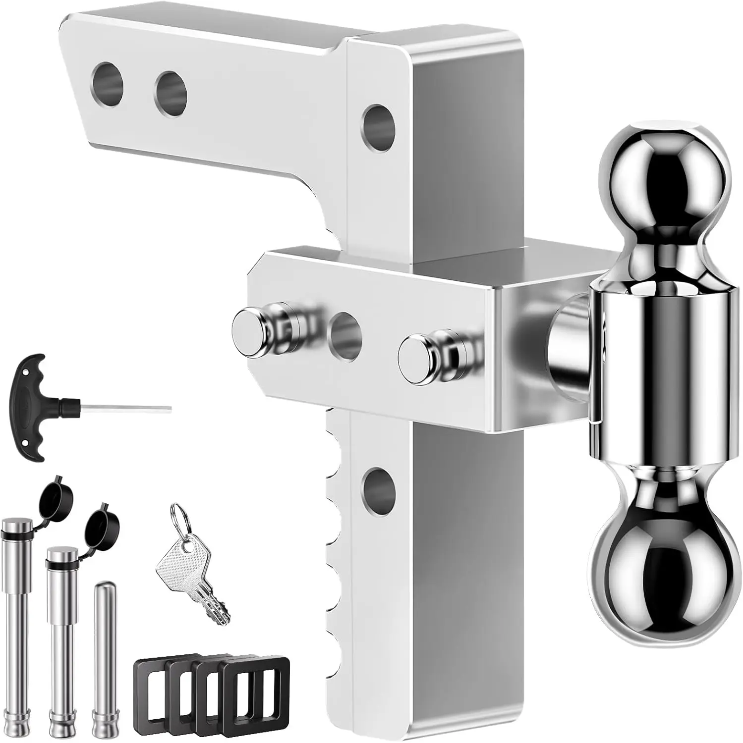 

Adjustable Trailer Hitch, 2-Inch Receiver, 8-Inch Drop/Rise, 12500 LBS GTW, Heavy Duty Aluminum with 4 Silencer Pads & 2 Locking