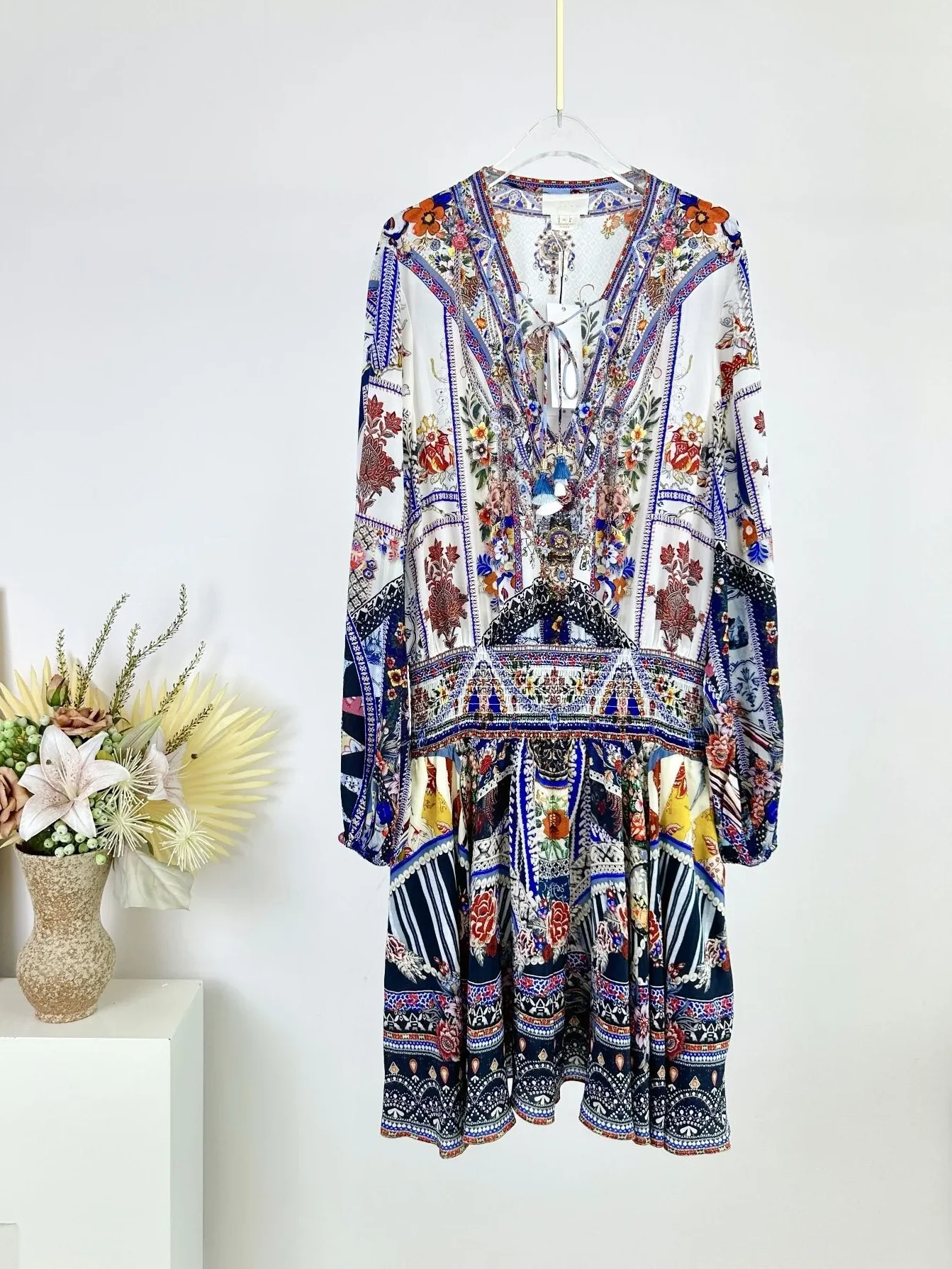 Retro Printed Women's Silk Mini Dress Heavy Beaded Lace-up V-Neck Elastic Waist Long Sleeve Elegant Female Short Robe