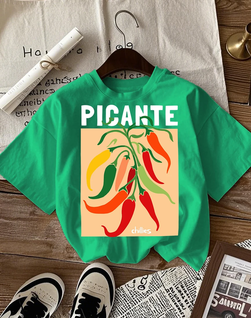 Colorful Chili Peppers And White Letters Print T Shirt Women Summer All-Match Tops O-Neck Hip Hop Short Sleeve Cotton Y2K Top
