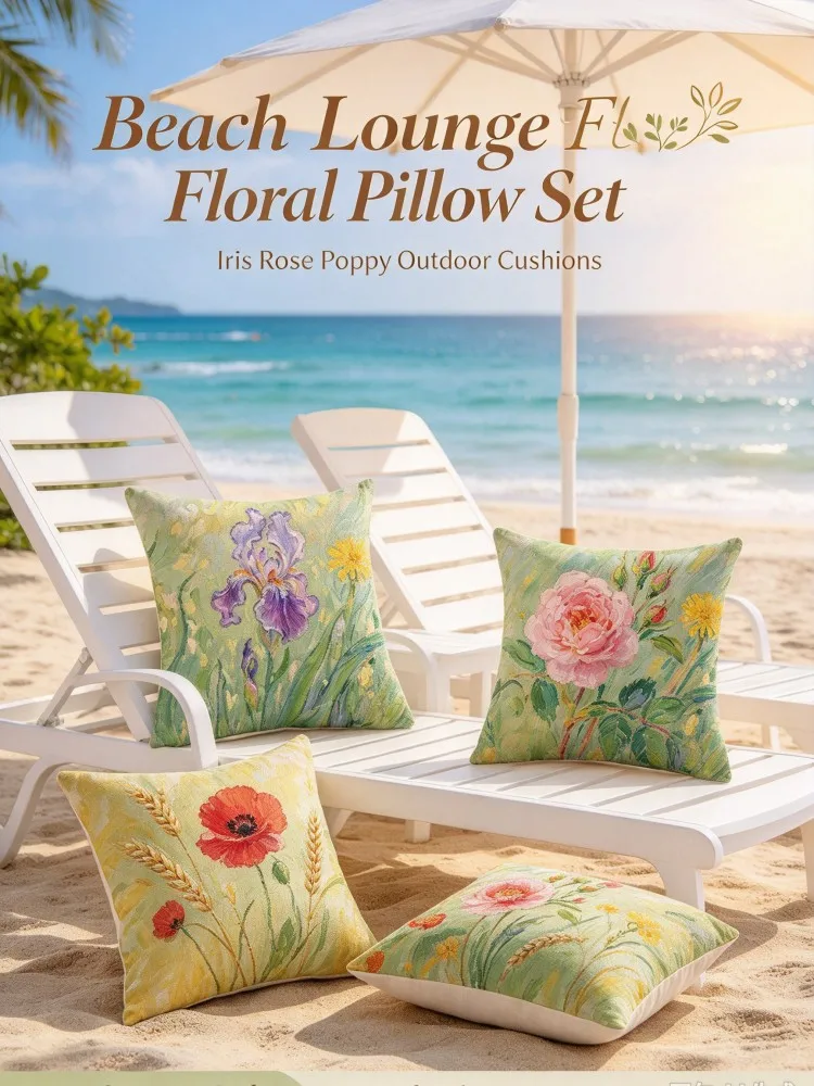 VIKAMA Floral Art Pillow Set, Iris Rose Poppy Square Cushions, Soft Fabric Throw Pillows for Sofa Bedroom Window Seat Patio Ho