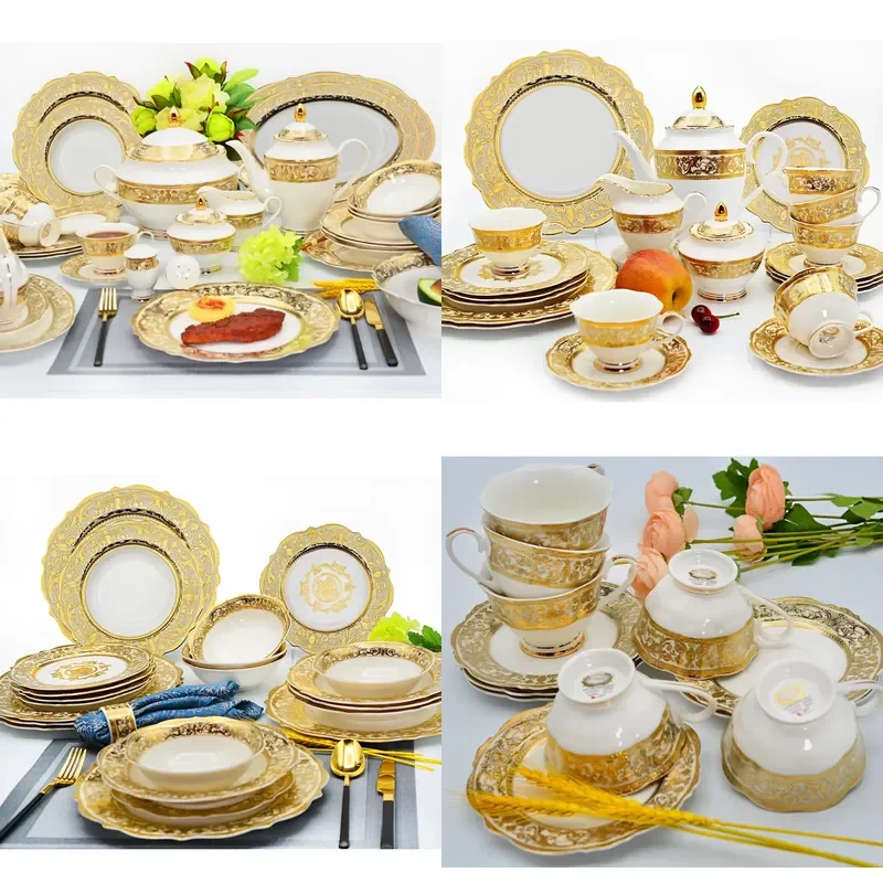 98 Quick Shipping 98pcs Embossed Gold Decoration Tableware Royal Style China Dinnerware Porcelain