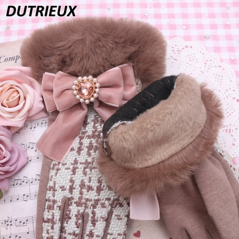 Sweet Lady Elegant Sweet Cute Velvet Bow Decoration Girls Finger Gloves Female Autumn Winter 2024 New Women's Accessories