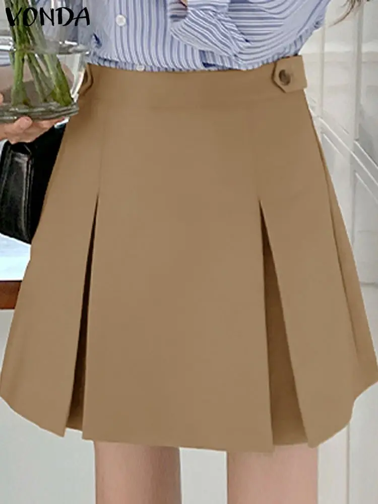 

VONDA Elegant Mini Skirts Oversized Skirt 2024 Women Casual High Waist Pleated Loose Solid Color School Basic Bottoms